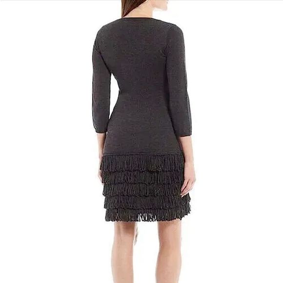 Calvin Klein Dark Grey Fringe 3/4 Sleeve Scoop-neck Bodycon Sweater Dress - Picture 3 of 11